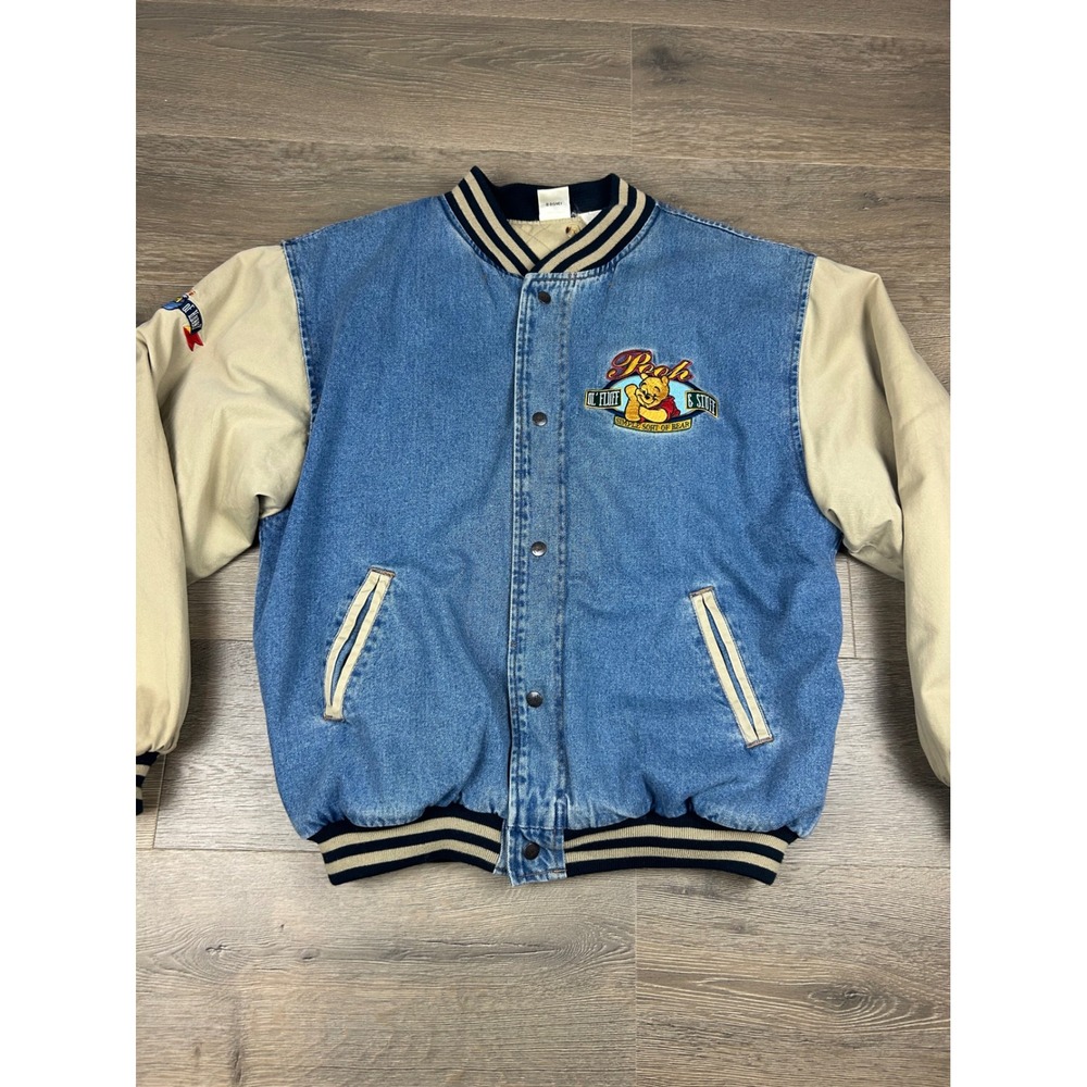 Vintage 90s Disney Winnie the Pooh Denim Varsity Jacket XL Blue Tan Bomber